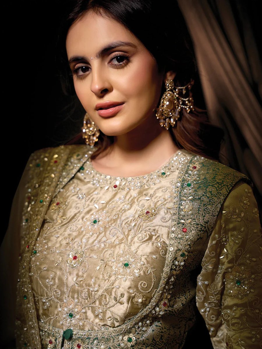 Nayoora Luxe Champagne Silk Saree with Heavy Emerald Contrast Blouse - Nayoora