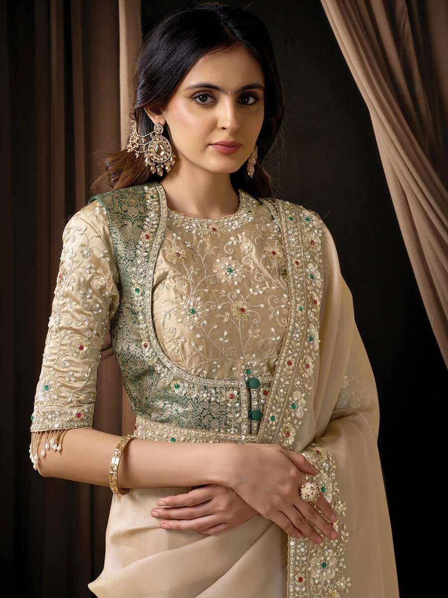 Nayoora Luxe Champagne Silk Saree with Heavy Emerald Contrast Blouse - Nayoora