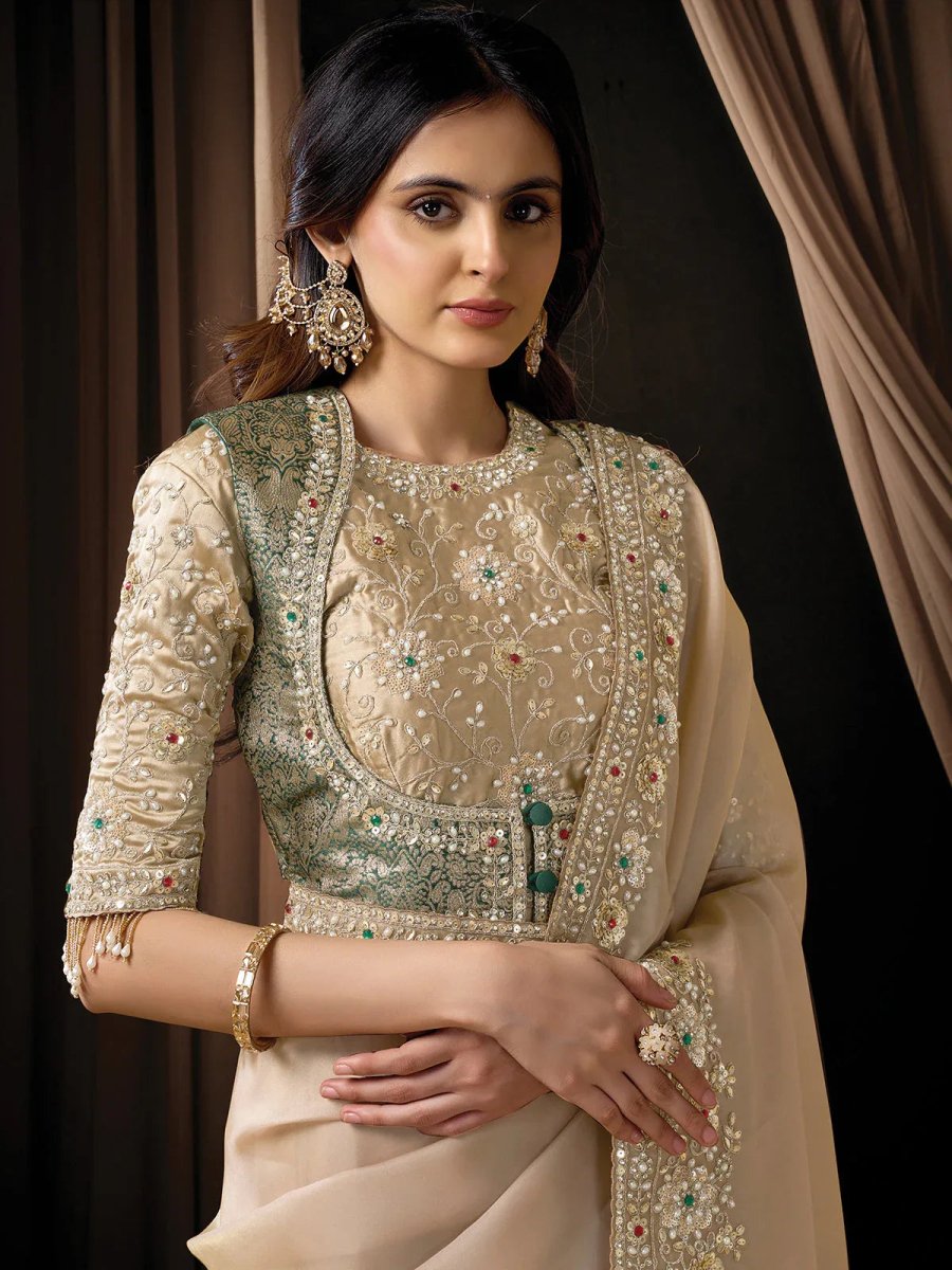 Nayoora Luxe Champagne Silk Saree with Heavy Emerald Contrast Blouse - Nayoora