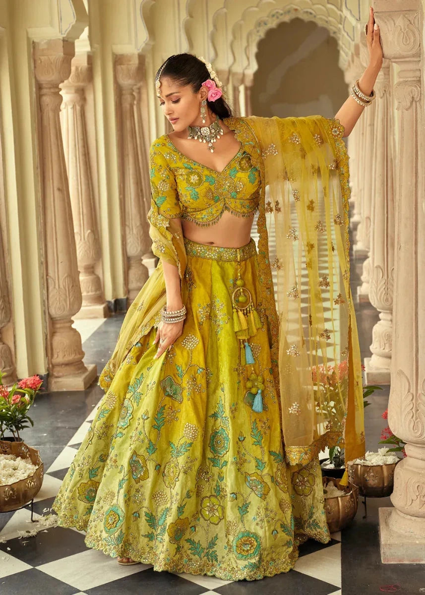 Nayoora Luxe Chartreuse Green Floral Silk Readymade Couture Lehenga - Nayoora