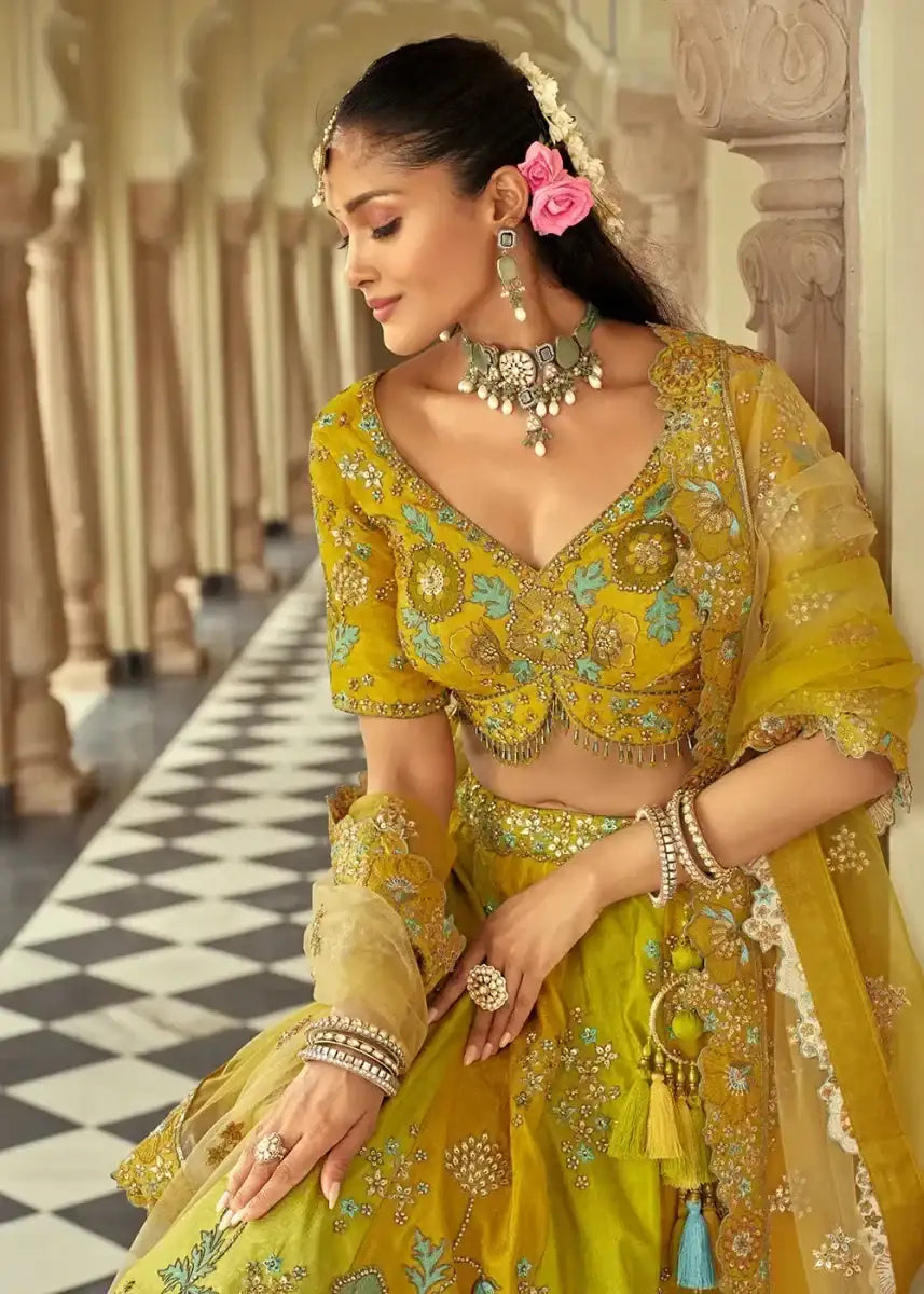 Nayoora Luxe Chartreuse Green Floral Silk Readymade Couture Lehenga - Nayoora