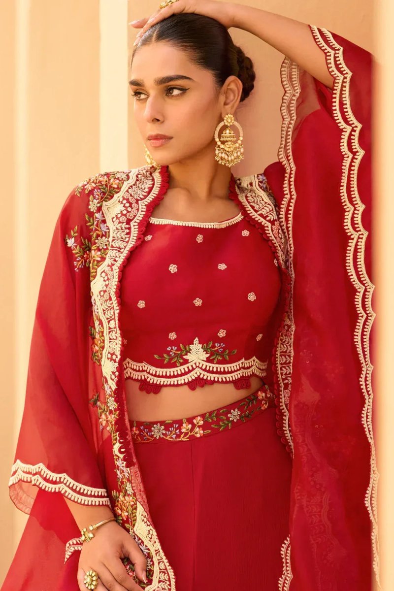Nayoora Luxe Cherry Red Chinnon Embroidered Cape Palazzo Set - Nayoora