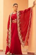 Cherry red embroidered cape and palazzo set with ornate lace trim