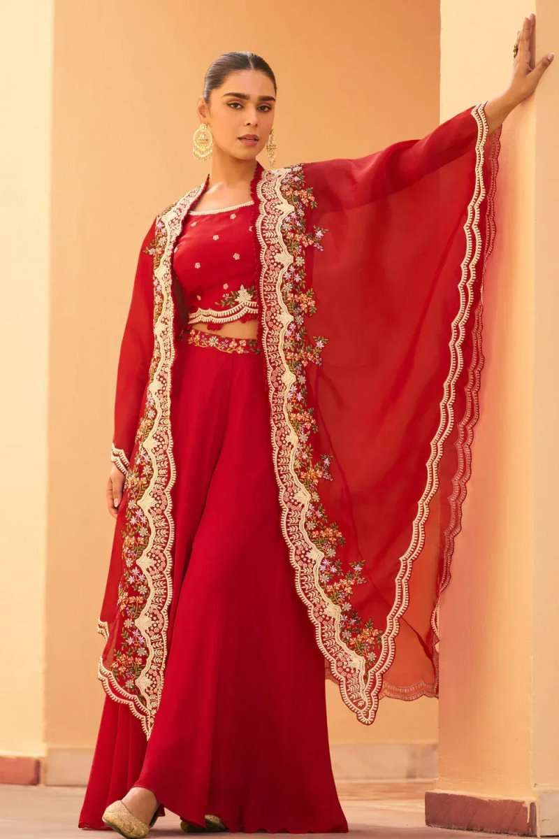 Cherry red embroidered cape and palazzo set with ornate lace trim