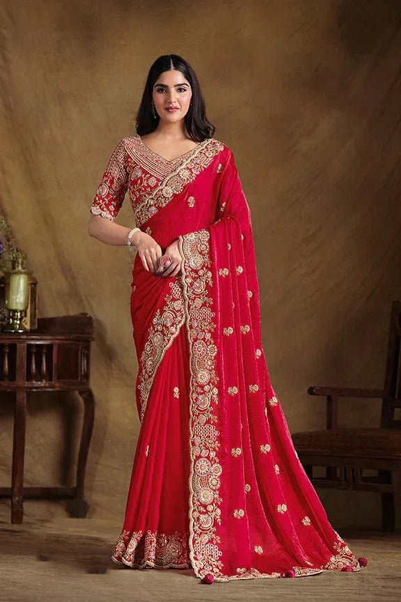 Cherry red crushed paper silk saree with gold floral border and matching belt