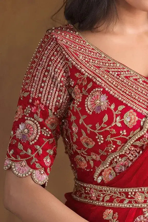 Cherry red silk blouse with gold embroidery and beaded neckline edge