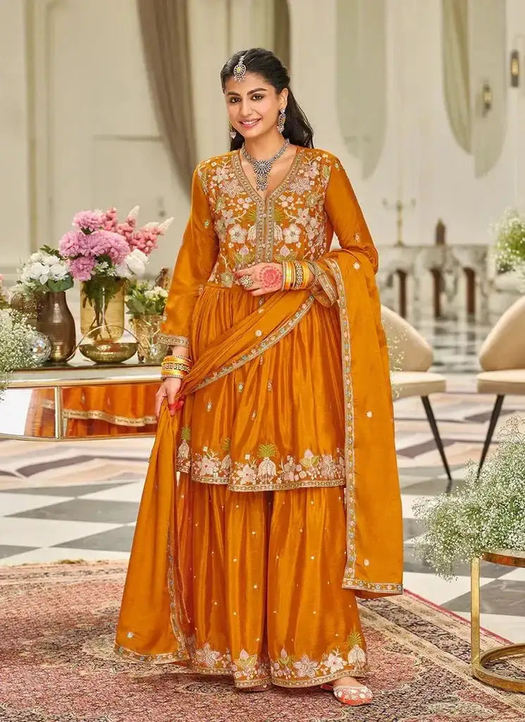Rust orange embroidered tunic with floral yoke and matching sharara pants, full set