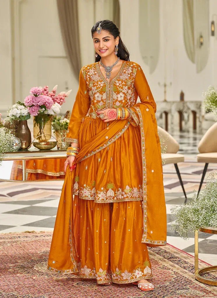 Nayoora Luxe Chinon Floral Embroidered Peplum Sharara Suit Set - Nayoora