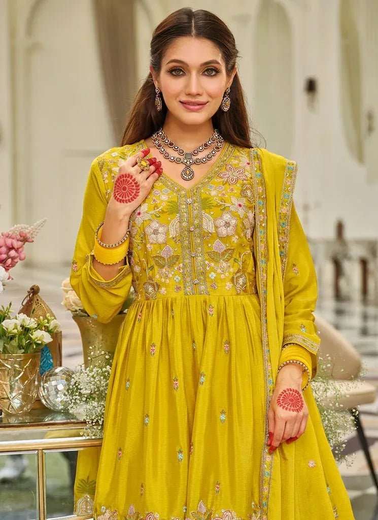 Mustard yellow embroidered tunic with V yoke and floral motifs, long sleeves