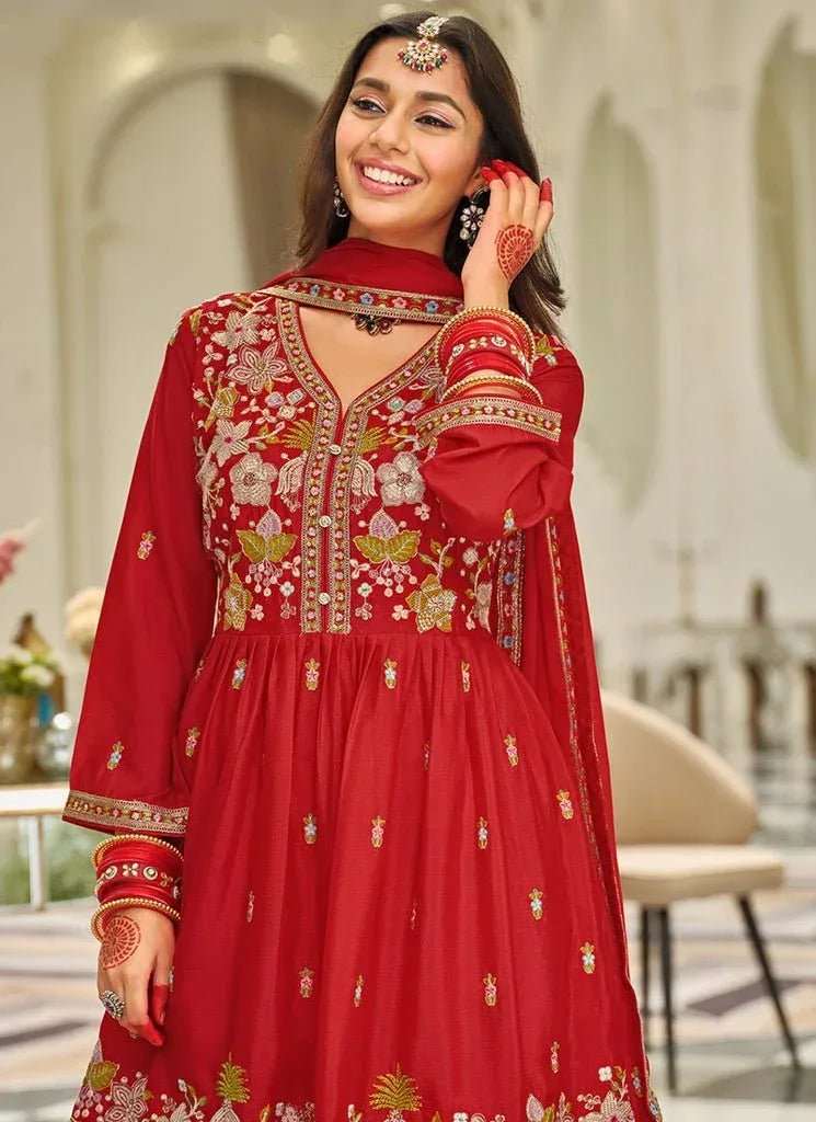 Ruby red embroidered tunic with floral motifs and contrast neckline detail, full set