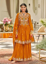 Rust orange embroidered tunic and sharara suit set with all-over motifs and festive border hem