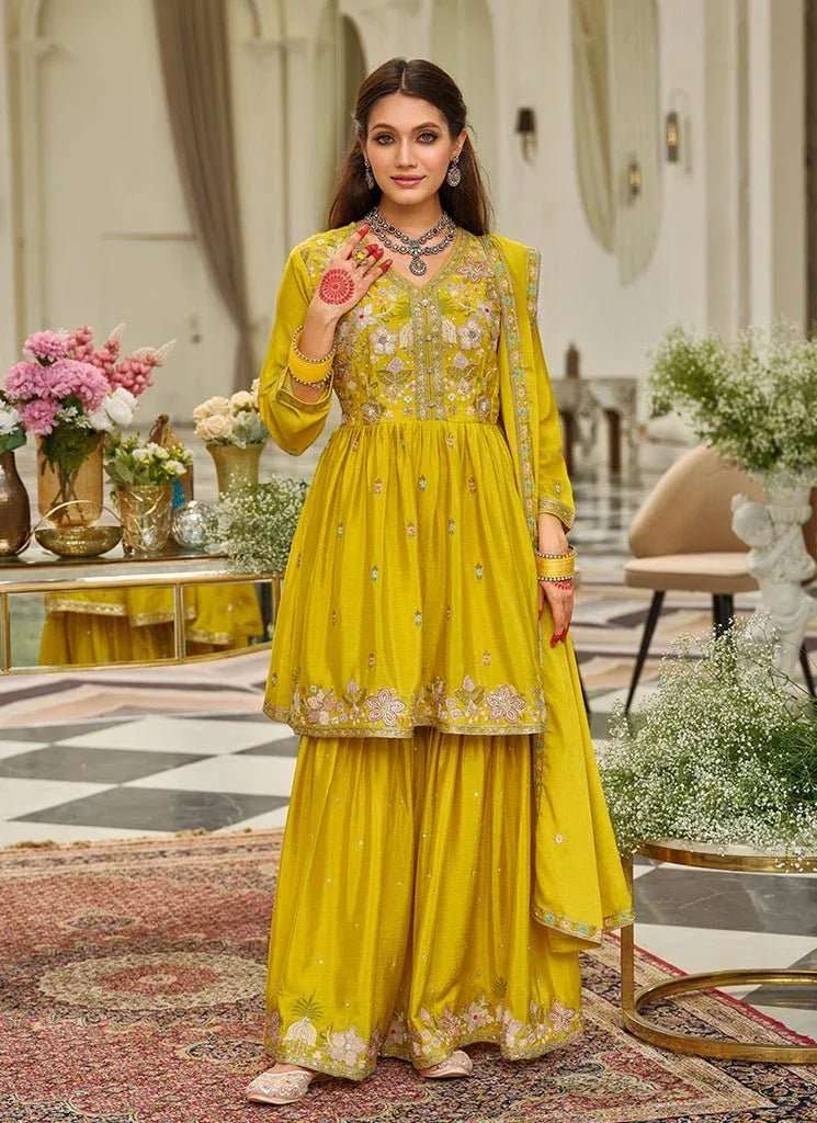 Mustard yellow embroidered tunic with floral trim and matching sharara pants, full set