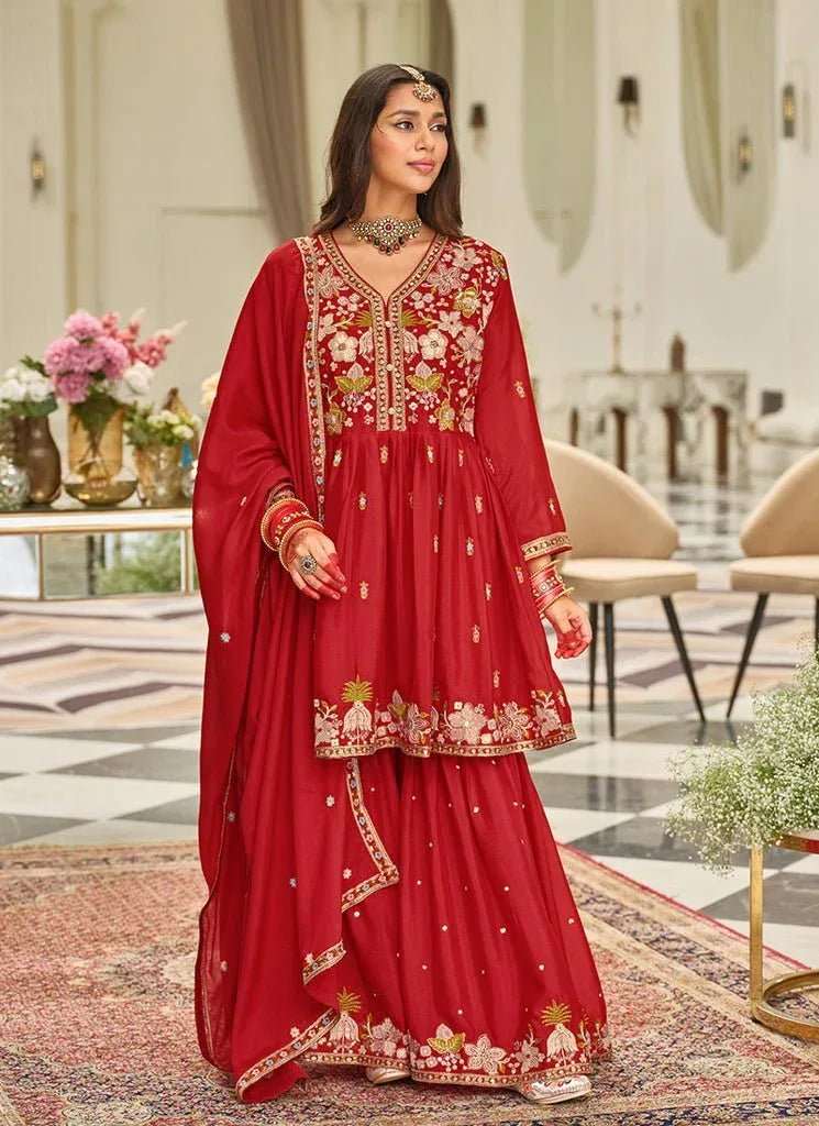 Ruby red embroidered tunic and sharara suit set with gold motifs and scalloped hem