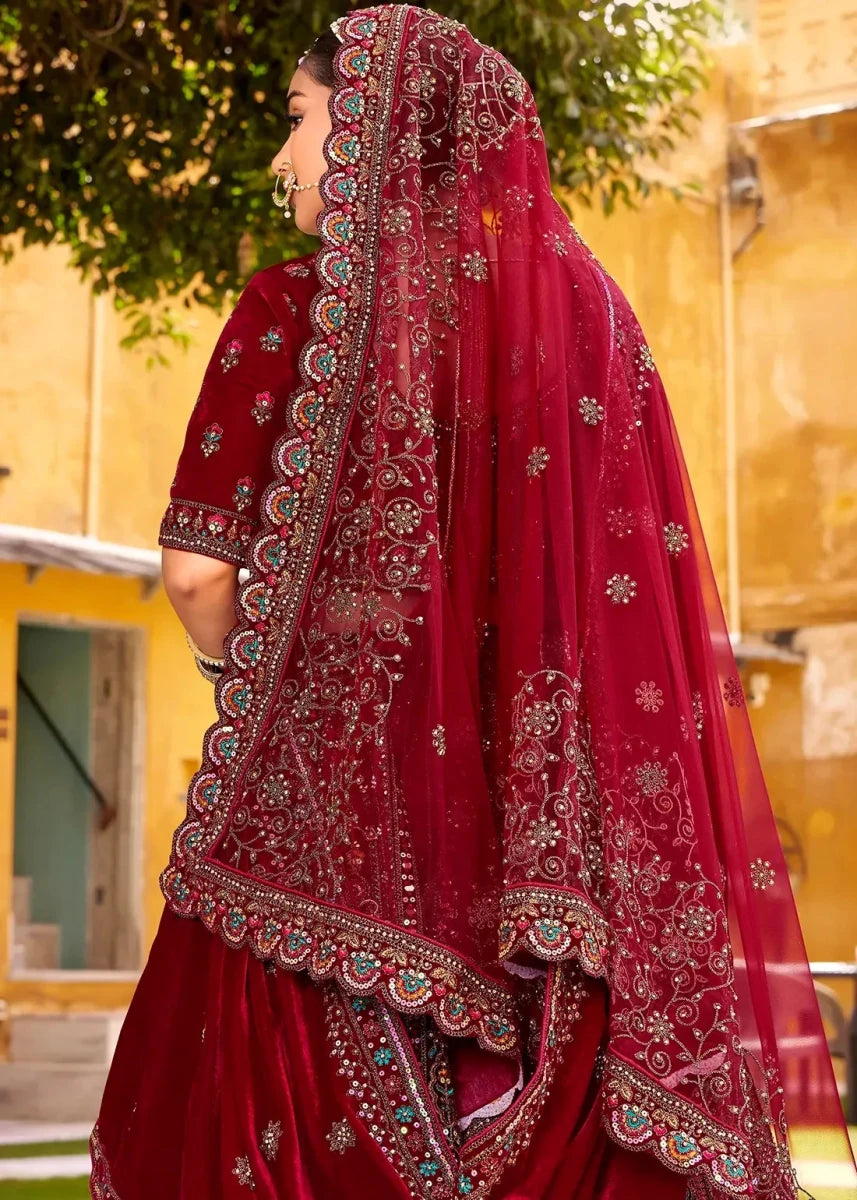 Nayoora Luxe Deep Maroon Velvet Zarkan & Multi - Thread Couture Bridal Lehenga - Nayoora