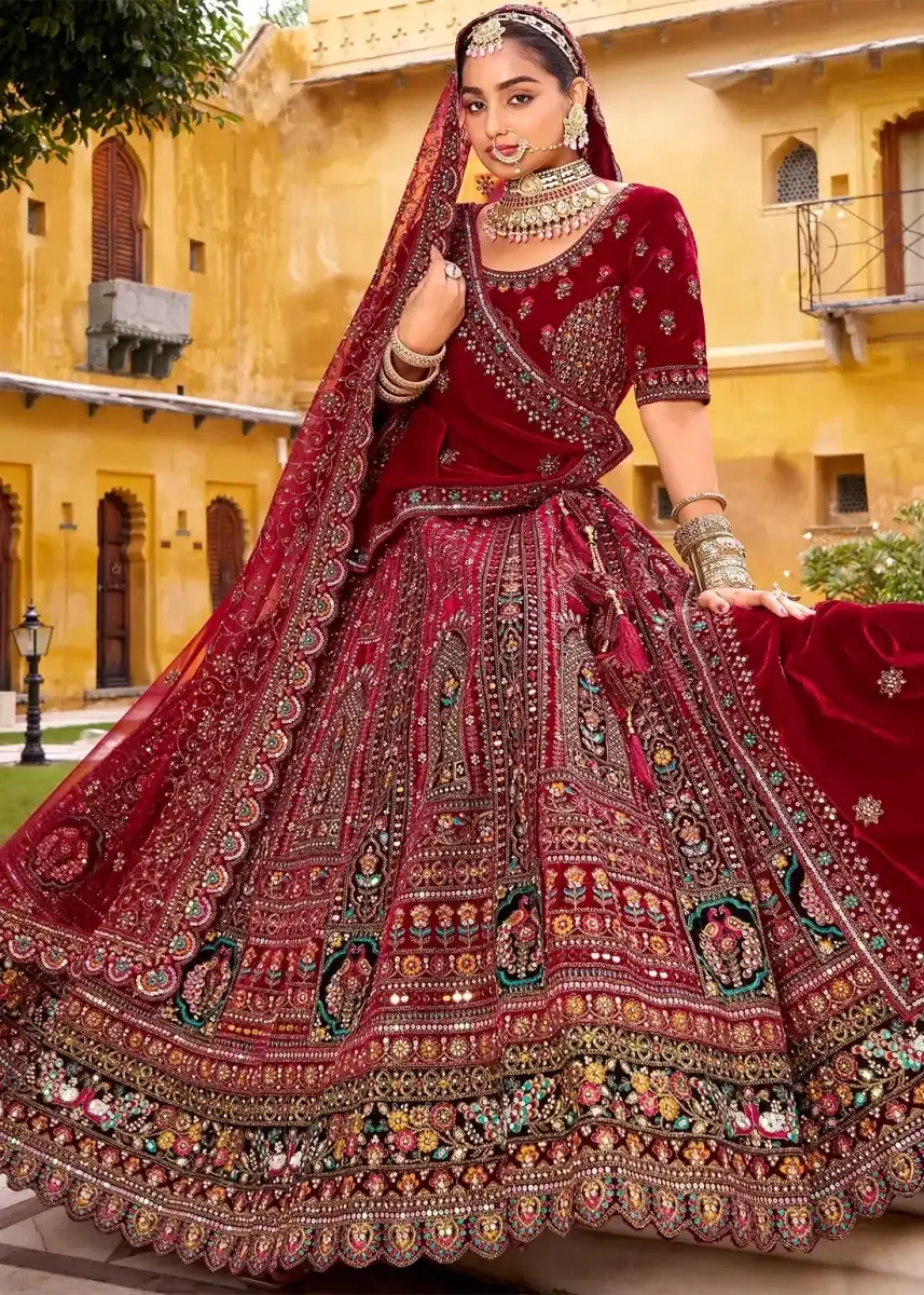 Nayoora Luxe Deep Maroon Velvet Zarkan & Multi - Thread Couture Bridal Lehenga - Nayoora