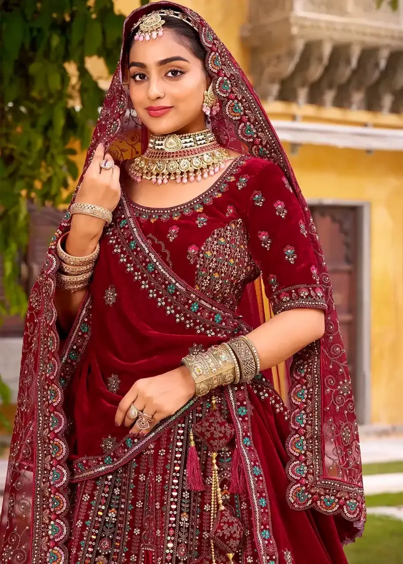 Nayoora Luxe Deep Maroon Velvet Zarkan & Multi - Thread Couture Bridal Lehenga - Nayoora