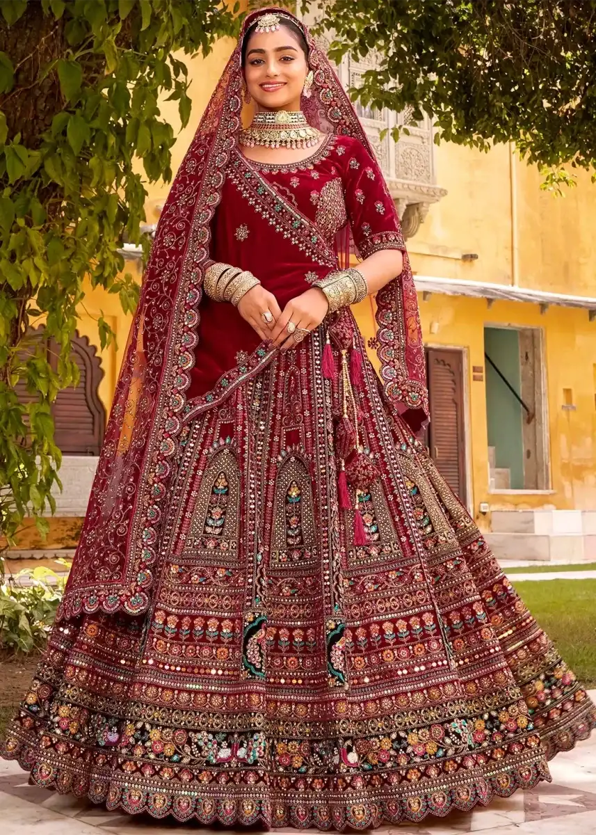 Nayoora Luxe Deep Maroon Velvet Zarkan & Multi - Thread Couture Bridal Lehenga - Nayoora