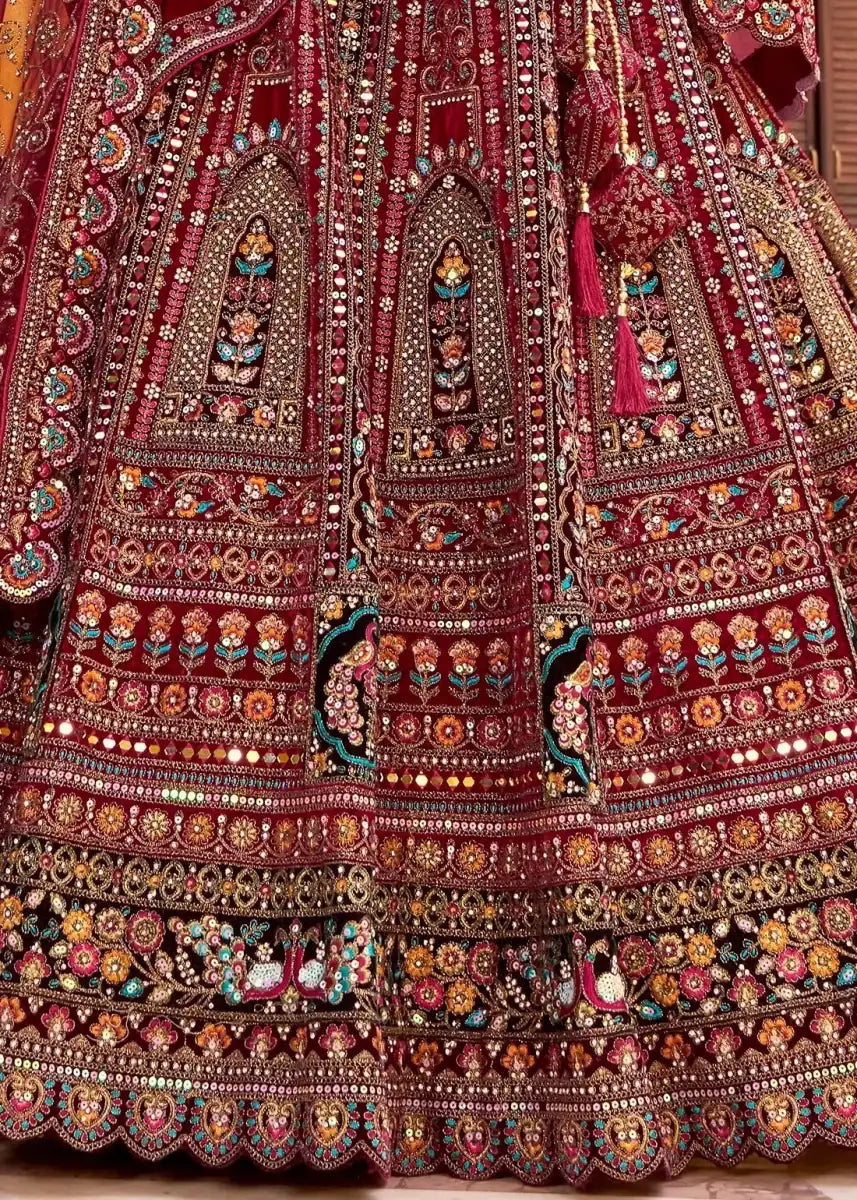 Nayoora Luxe Deep Maroon Velvet Zarkan & Multi - Thread Couture Bridal Lehenga - Nayoora