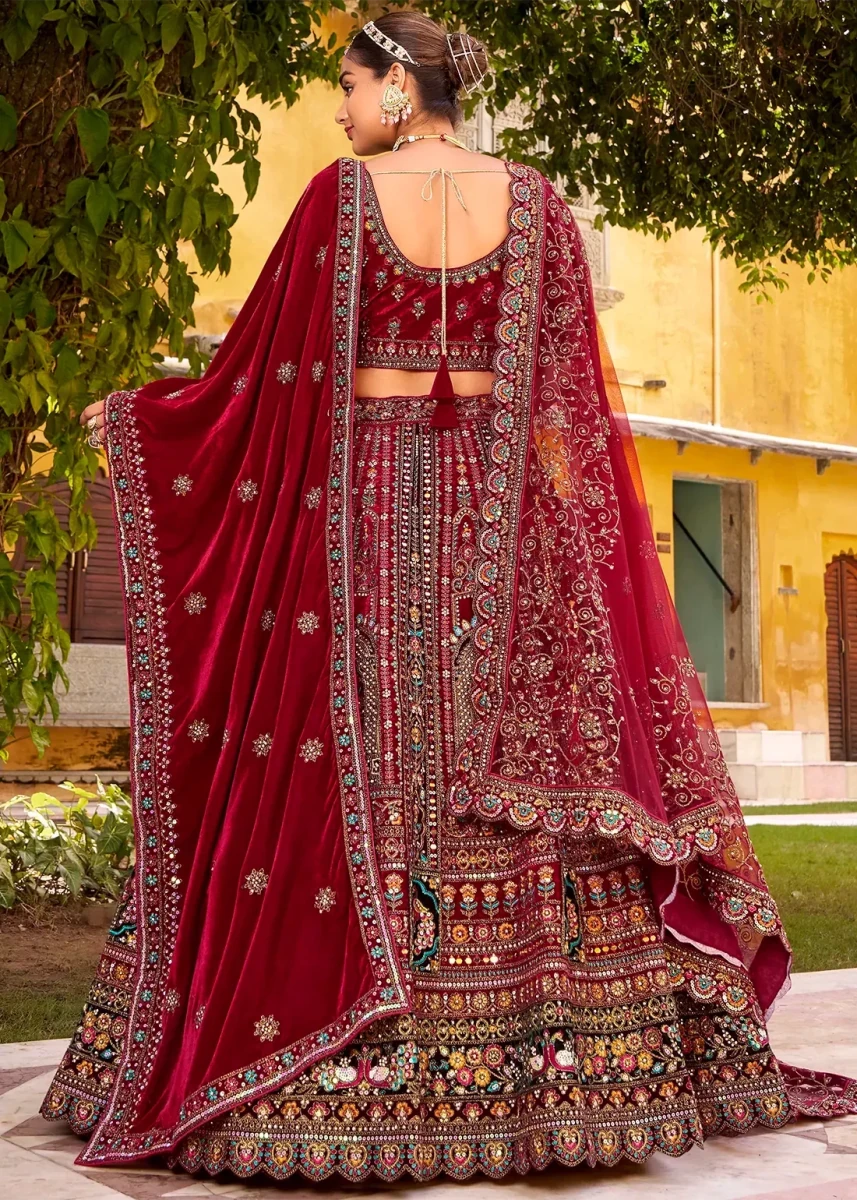 Nayoora Luxe Deep Maroon Velvet Zarkan & Multi - Thread Couture Bridal Lehenga - Nayoora