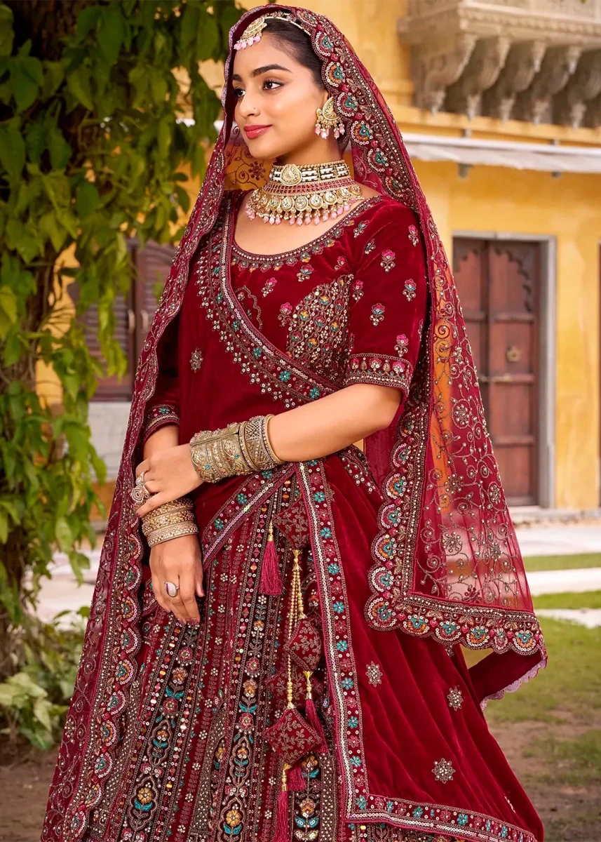 Nayoora Luxe Deep Maroon Velvet Zarkan & Multi - Thread Couture Bridal Lehenga - Nayoora