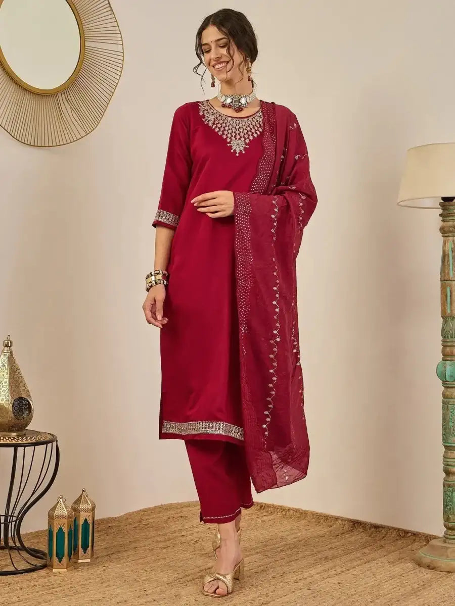 Deep maroon embroidered kurta and leggings with sheer dupatta draped