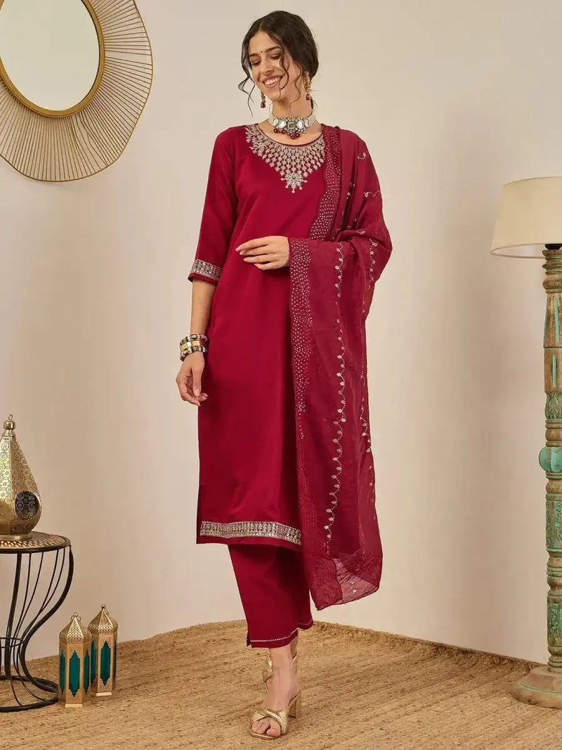 Maroon embroidered suit set with draped dupatta and matching pants
