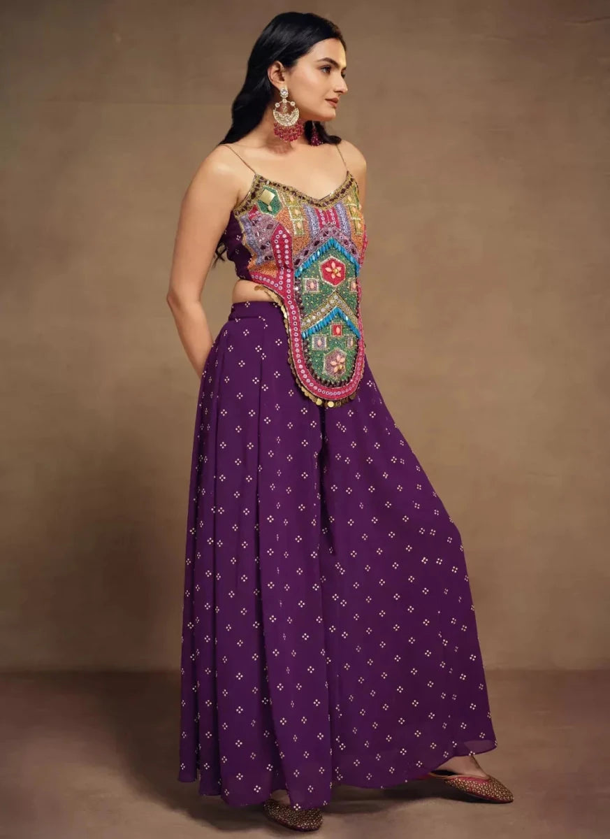 Nayoora Luxe Deep Purple Bohemian Beaded Bustier & Ruffle Palazzo Co - Ord Set - Nayoora