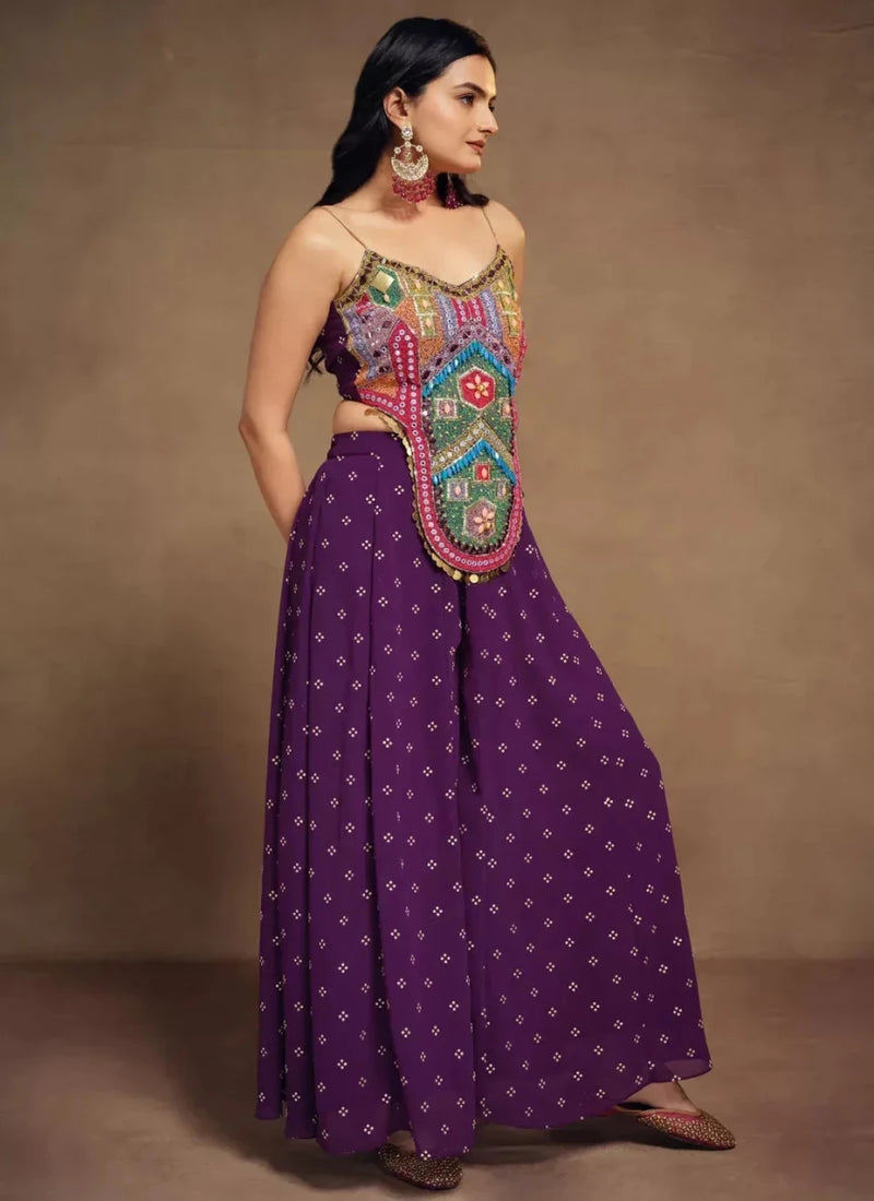 Deep purple halter palazzo set with beaded neckline and multicolor panel bodice