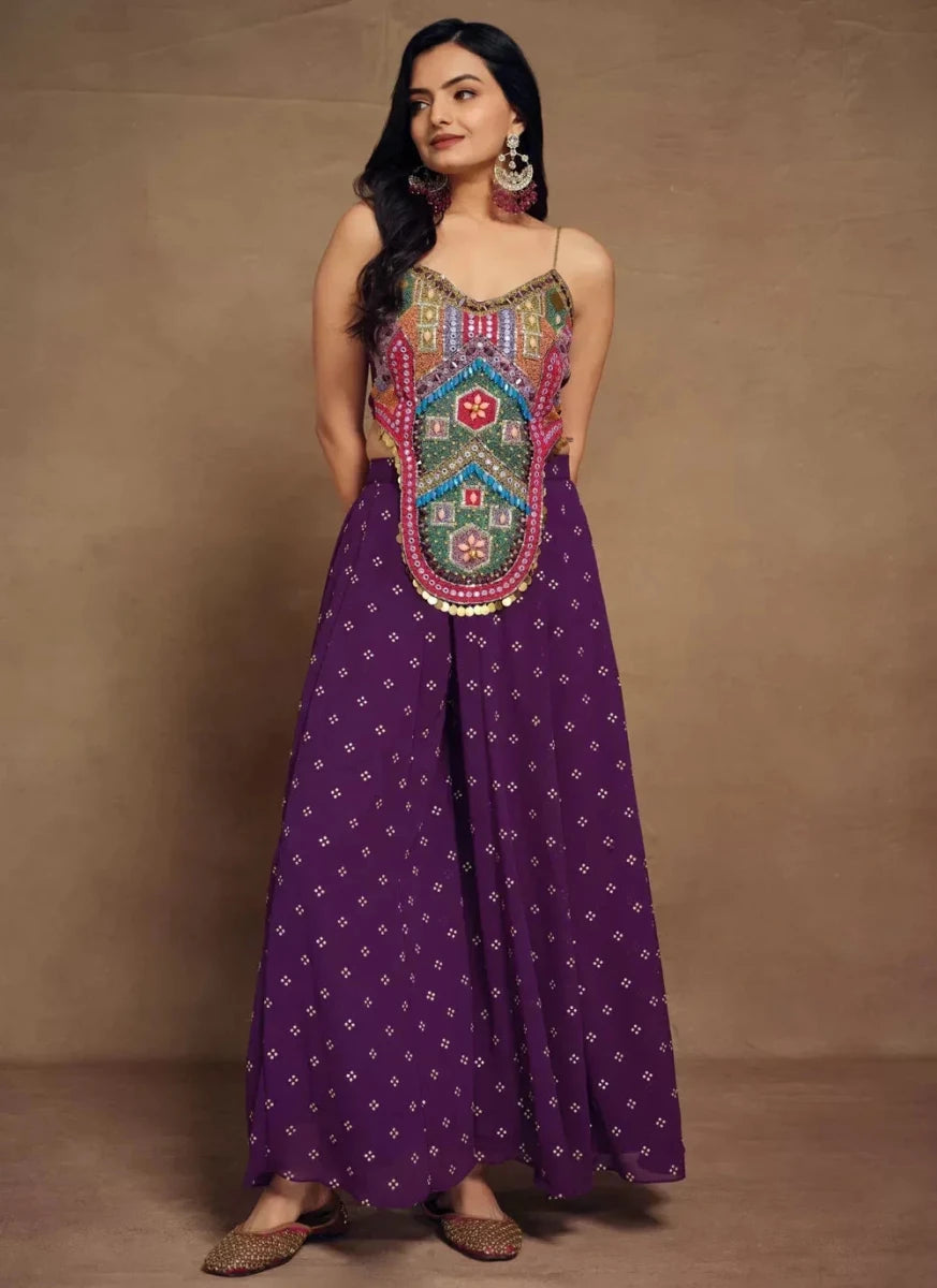 Nayoora Luxe Deep Purple Bohemian Beaded Bustier & Ruffle Palazzo Co - Ord Set - Nayoora