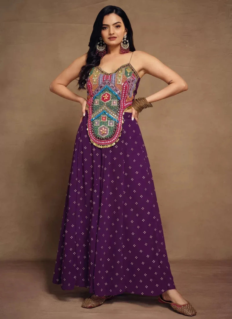 Deep purple beaded bustier palazzo set with halter straps, geometric multicolor embroidery