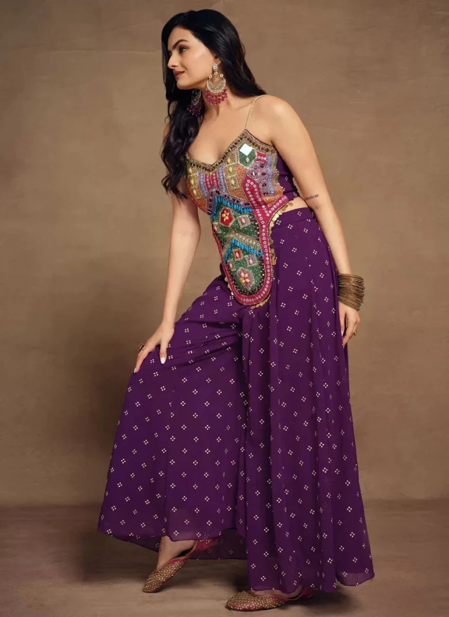 Nayoora Luxe Deep Purple Bohemian Beaded Bustier & Ruffle Palazzo Co - Ord Set - Nayoora
