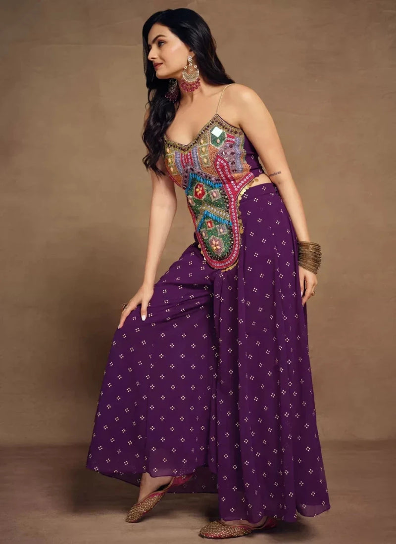 Deep purple halter palazzo set with beaded bodice and flowing flared wide-leg pants