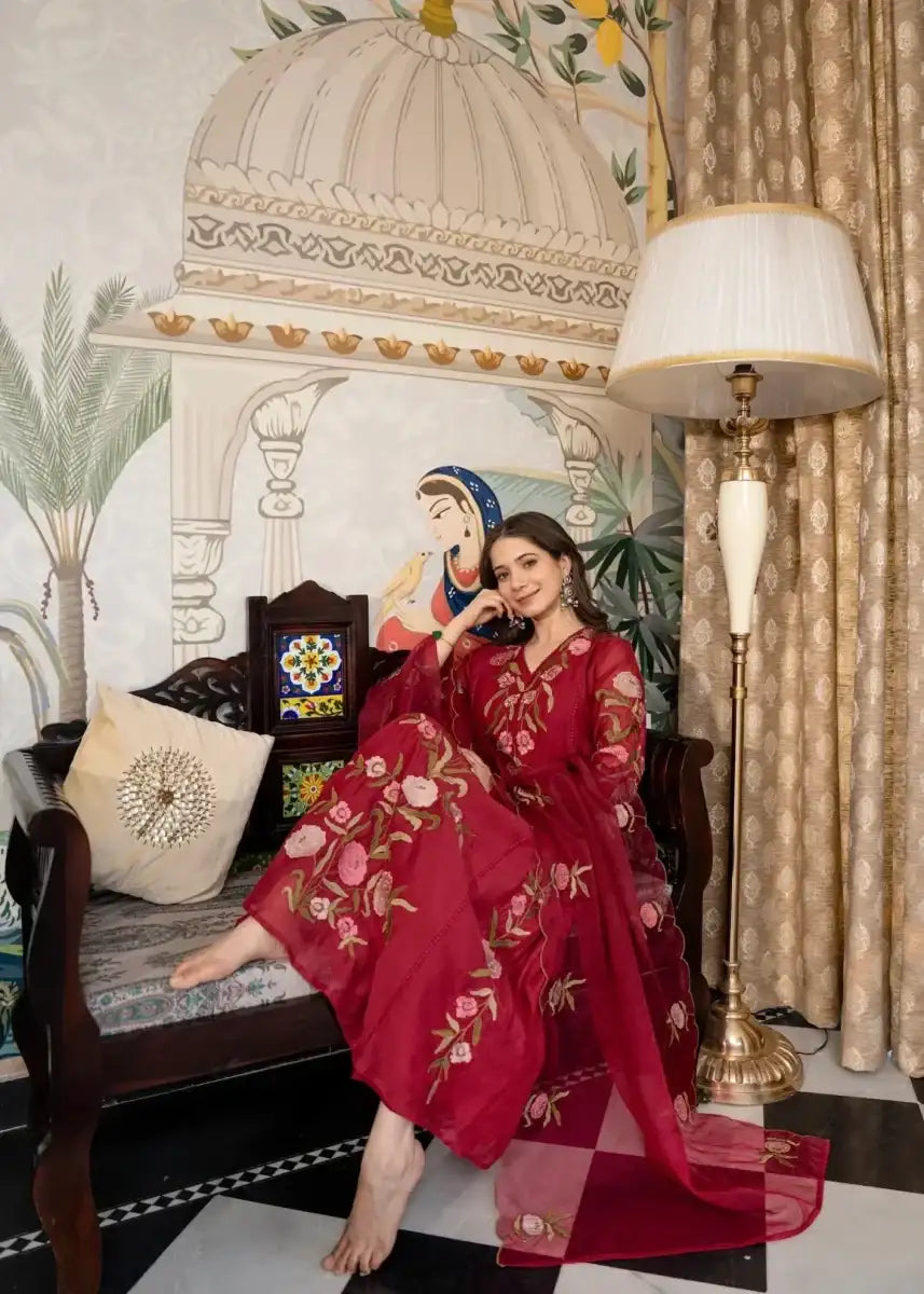 Muslin Anarkali suit set, dark ruby red with floral embroidery and matching dupatta