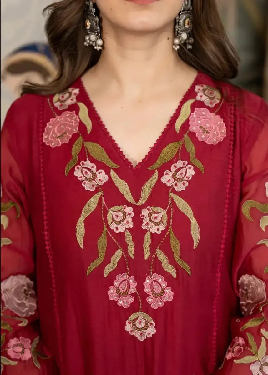 Anarkali kurta in dark ruby red with ornate floral V-neck embroidery