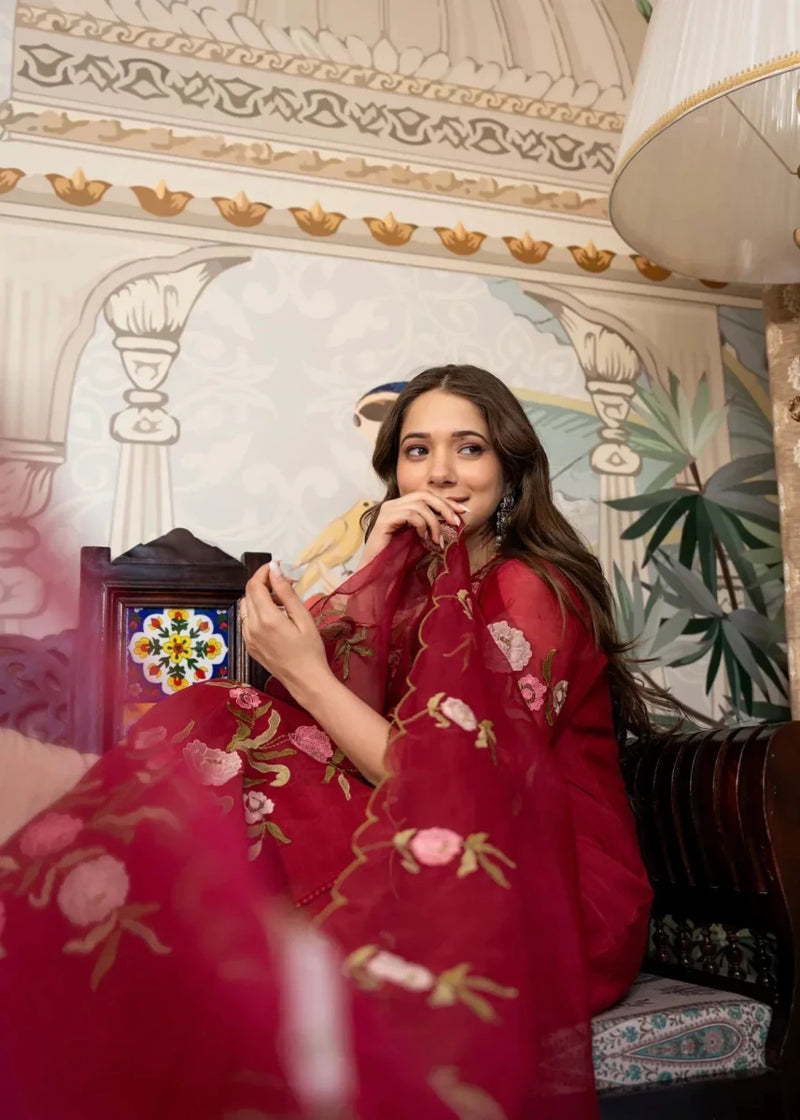 Muslin Anarkali suit set in dark ruby red with floral embroidery and sheer dupatta drape