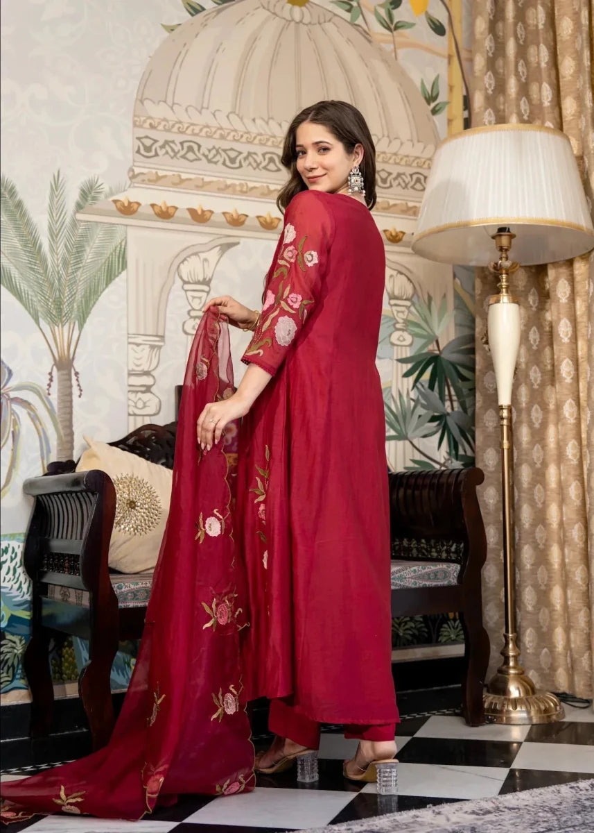 Nayoora Luxe Deep Ruby Red Floral Embroidered Muslin Anarkali Suit Set - Nayoora