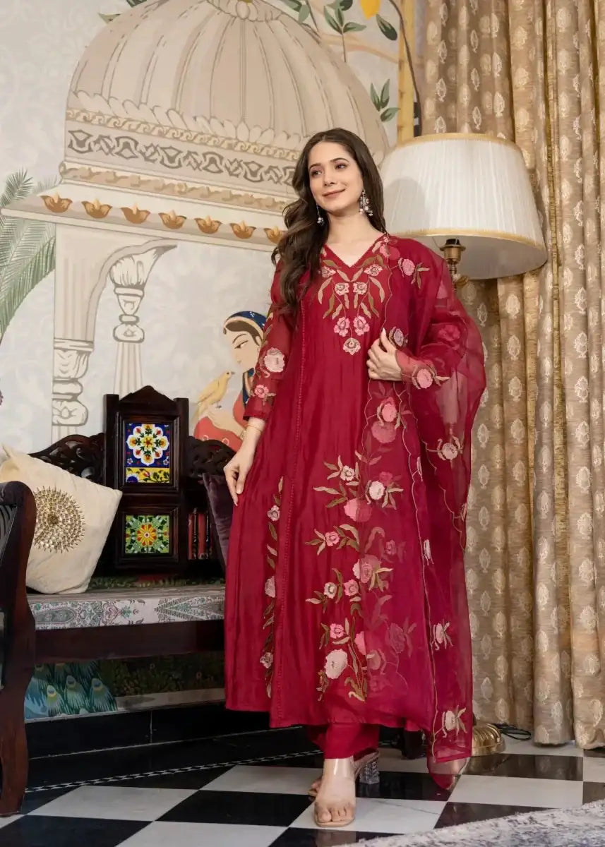 Muslin Anarkali suit set in dark ruby red with floral embroidery and sheer dupatta