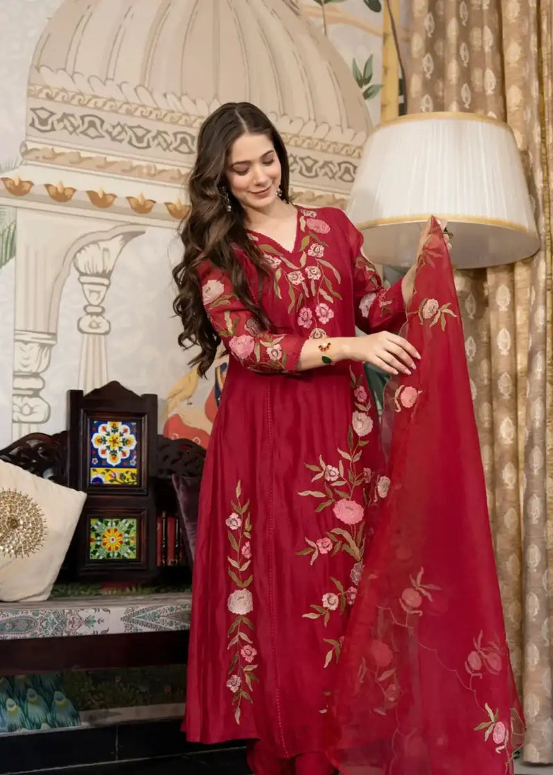 Women's deep ruby red Anarkali suit with floral embroidery and matching dupatta
