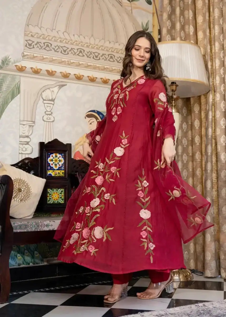 Muslin Anarkali suit set in dark ruby red with floral embroidery, flared skirt, dupatta