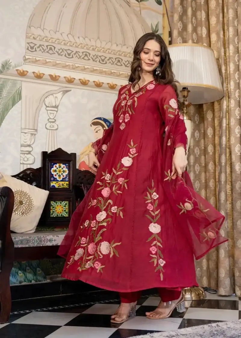 Women's deep ruby red Anarkali suit with floral embroidery, round neckline