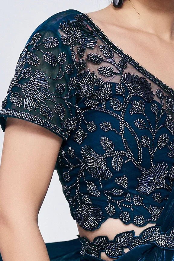 Nayoora Luxe Deep Teal Blue Metallic Tissue Silk Ready - to - Wear Saree Set - Nayoora