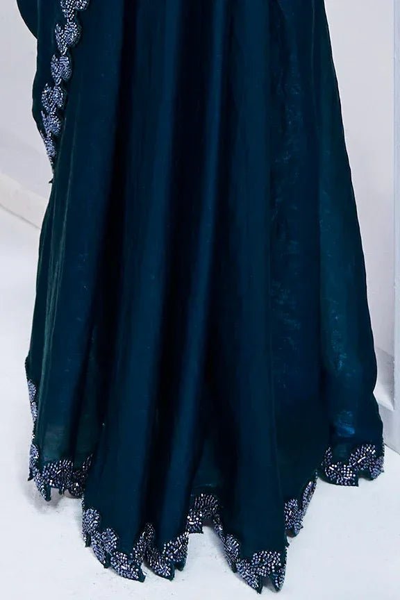 Nayoora Luxe Deep Teal Blue Metallic Tissue Silk Ready - to - Wear Saree Set - Nayoora