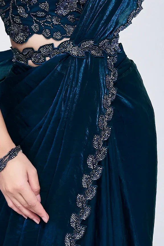 Nayoora Luxe Deep Teal Blue Metallic Tissue Silk Ready - to - Wear Saree Set - Nayoora