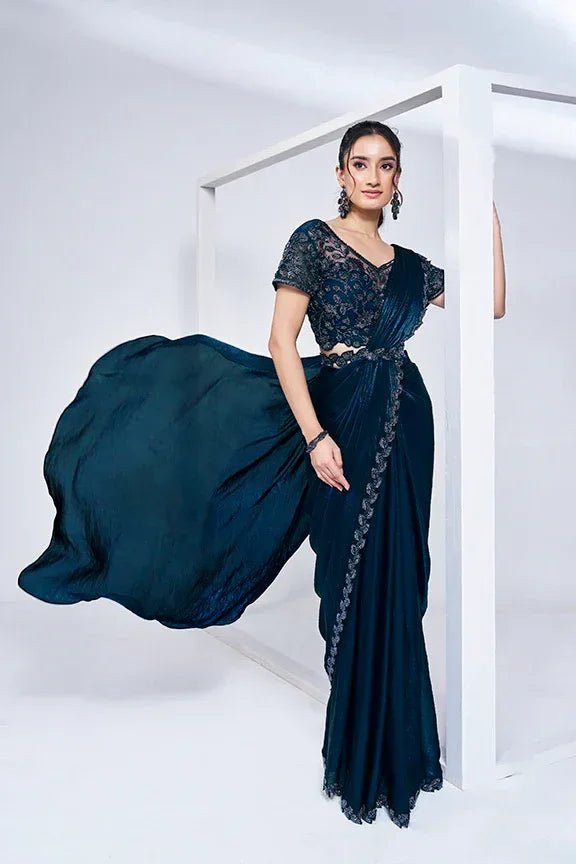 Nayoora Luxe Deep Teal Blue Metallic Tissue Silk Ready - to - Wear Saree Set - Nayoora