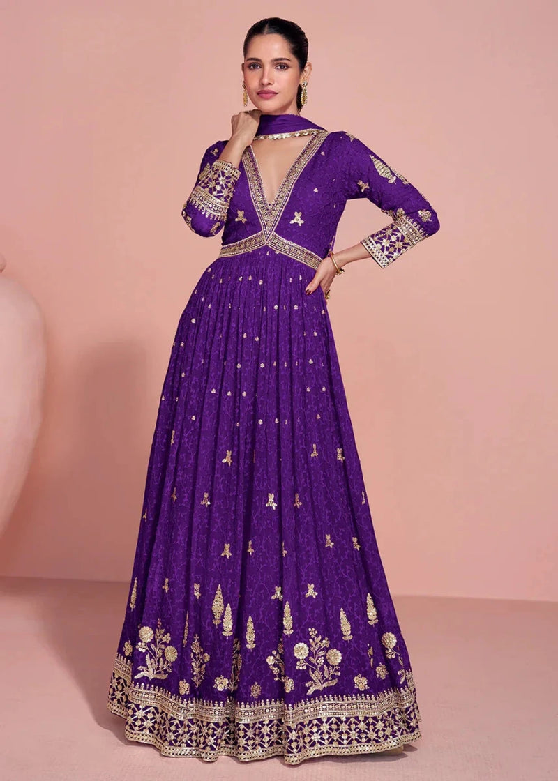 Deep violet embroidered Anarkali gown set with gold motifs, flared skirt and dupatta