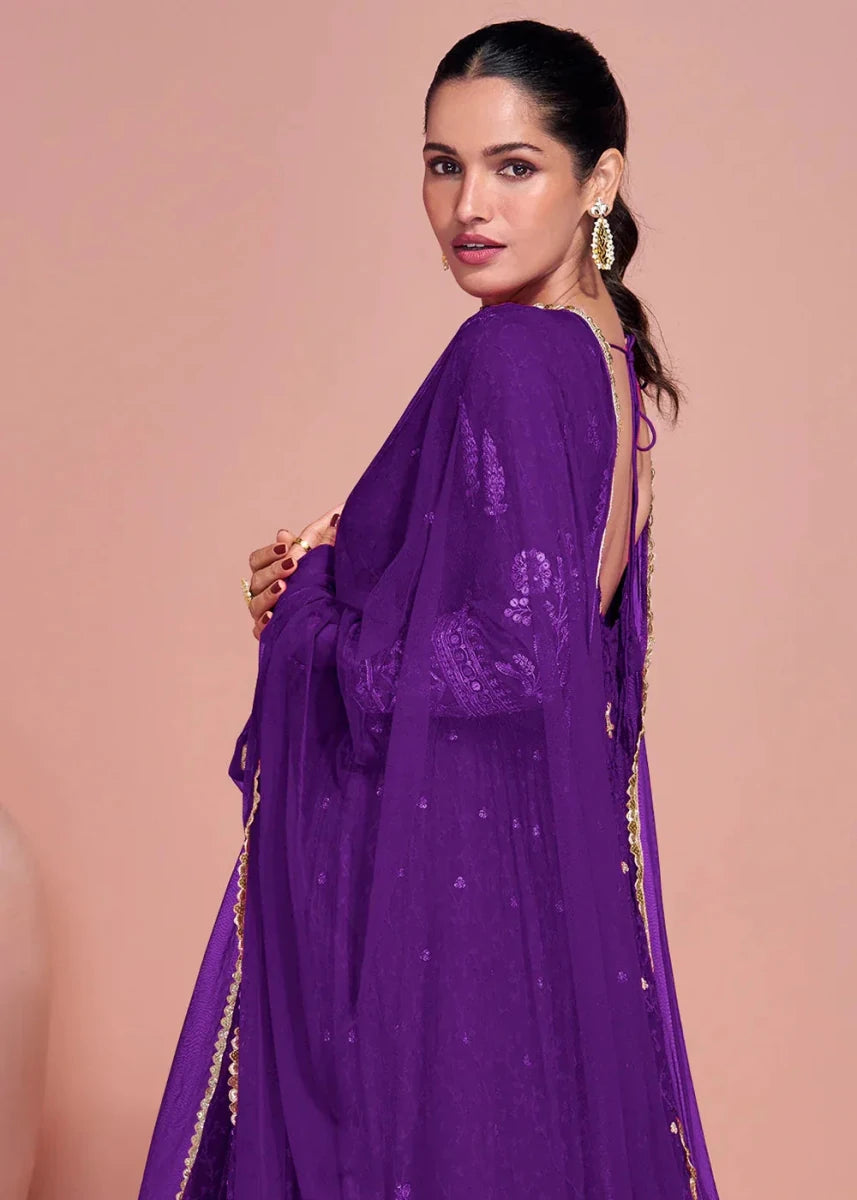 Nayoora Luxe Deep Violet Embroidered Georgette Anarkali Gown Set - Nayoora