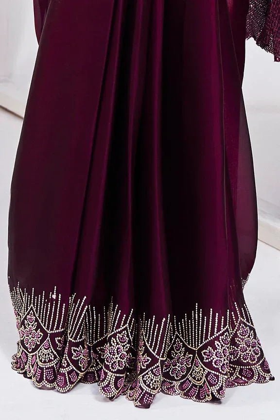 Nayoora Luxe Deep Wine Berry Sequin Wave Ready - to - Wear Saree Set - Nayoora