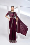 Nayoora Luxe Deep Wine Berry Sequin Wave Ready - to - Wear Saree Set - Nayoora