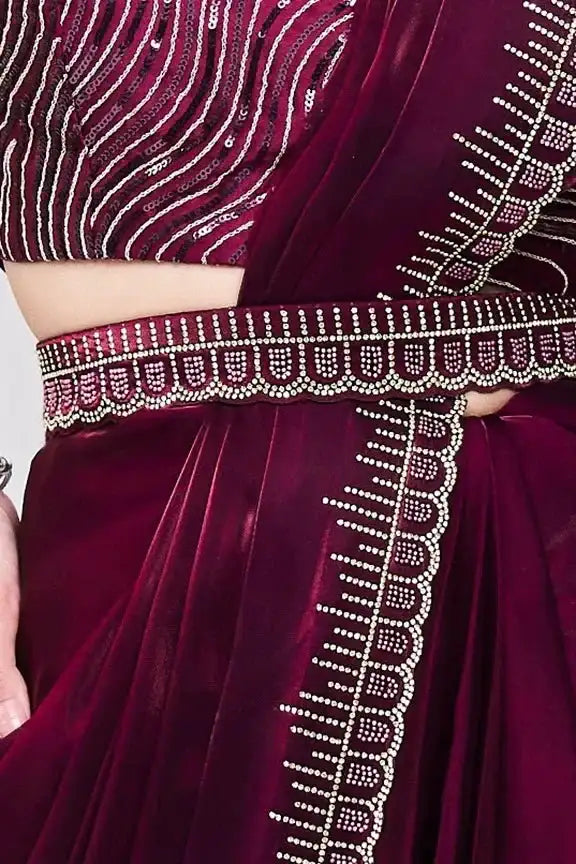 Nayoora Luxe saree set waist belt, maroon satin pleats with silver sequin trim