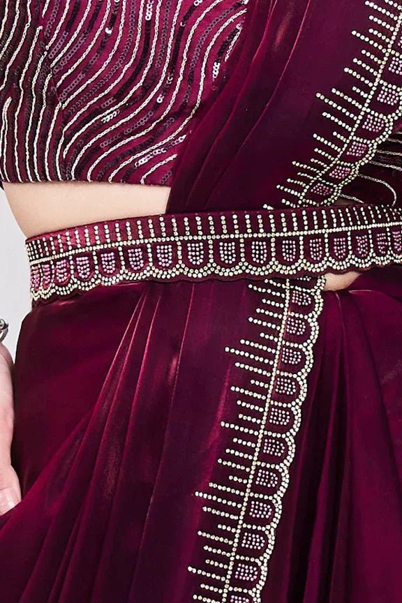 Nayoora Luxe Deep Wine Berry Sequin Wave Ready - to - Wear Saree Set - Nayoora